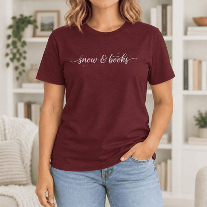 Snow & Books Ultra-Soft Cotton T-Shirt | Christmas Reader Gift Maroon