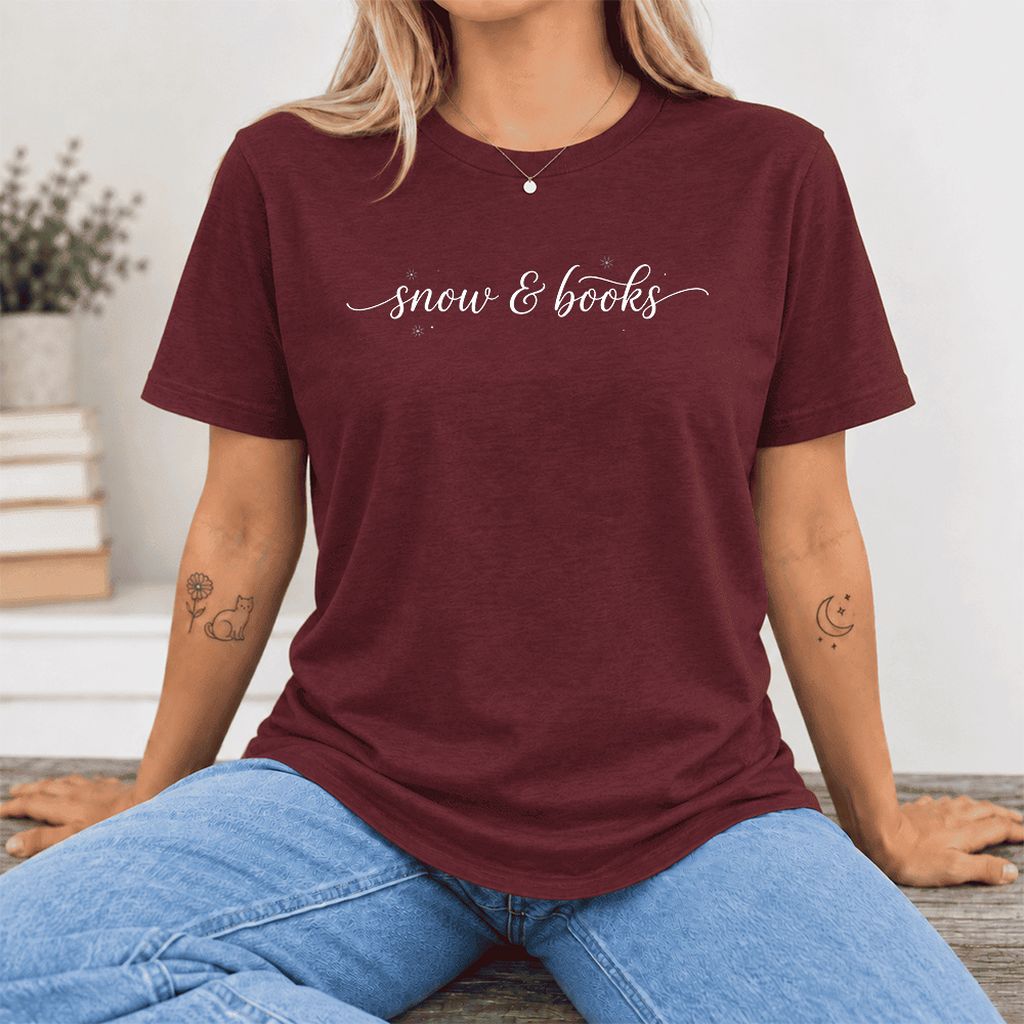 Snow & Books Ultra-Soft Cotton T-Shirt | Christmas Reader Gift Maroon
