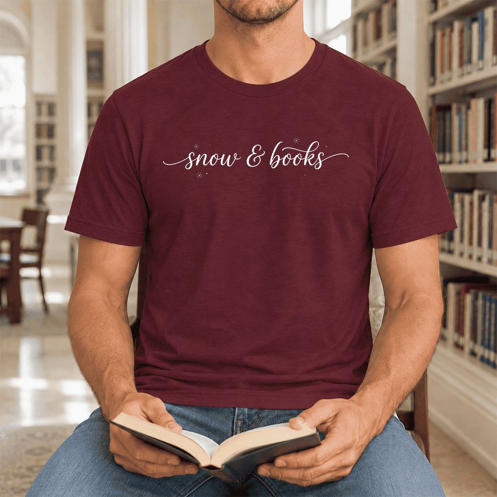Snow & Books Ultra-Soft Cotton T-Shirt | Christmas Reader Gift Maroon