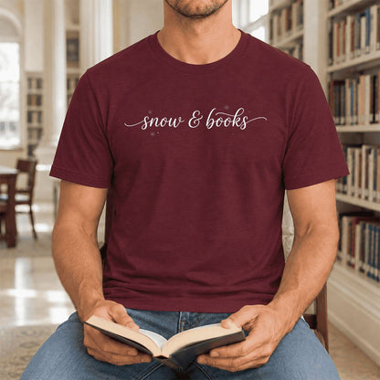Snow & Books Ultra-Soft Cotton T-Shirt | Christmas Reader Gift Maroon