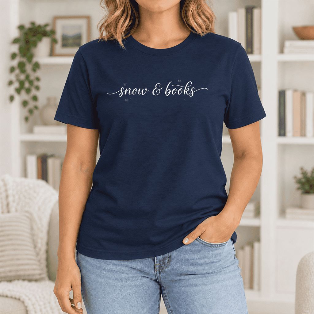 Snow & Books Ultra-Soft Cotton T-Shirt | Christmas Reader Gift Navy