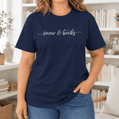 Snow & Books Ultra-Soft Cotton T-Shirt | Christmas Reader Gift Navy