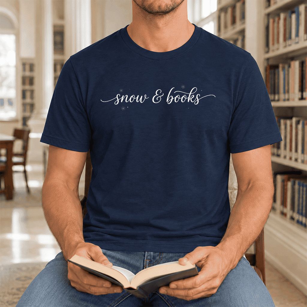 Snow & Books Ultra-Soft Cotton T-Shirt | Christmas Reader Gift Navy