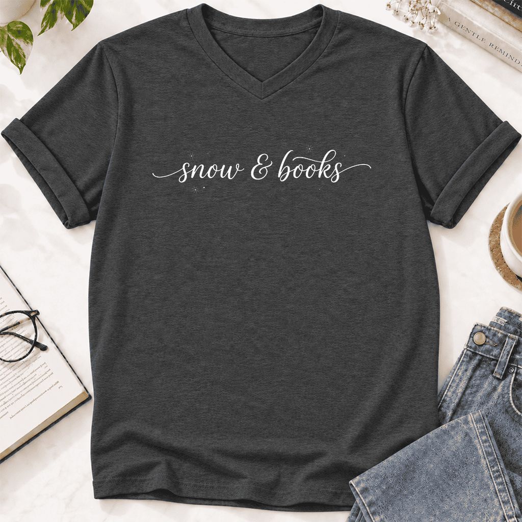 Snow & Books Ultra-Soft V-Neck | Christmas Reader Gift Dark Grey Heather