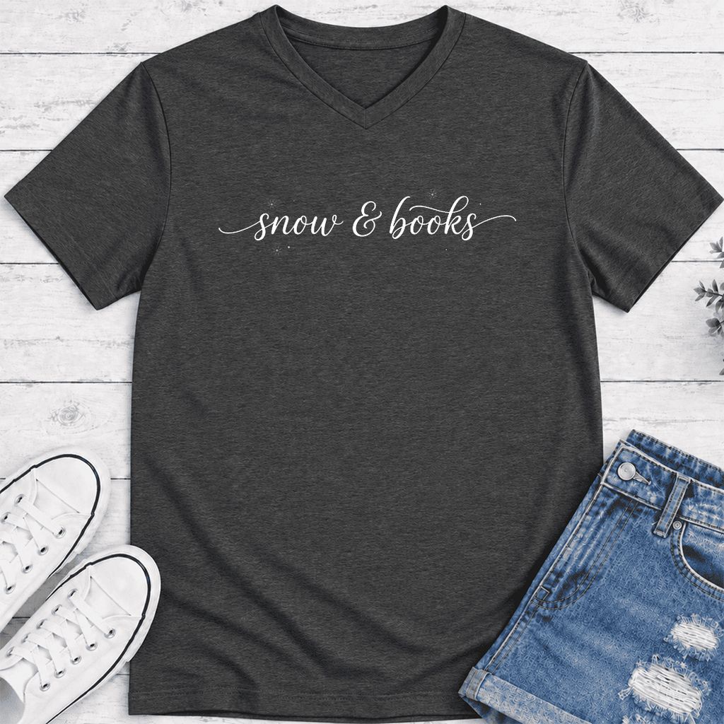 Snow & Books Ultra-Soft V-Neck | Christmas Reader Gift Dark Grey Heather