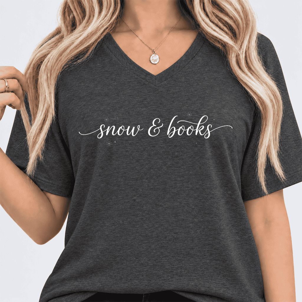 Snow & Books Ultra-Soft V-Neck | Christmas Reader Gift Dark Grey Heather