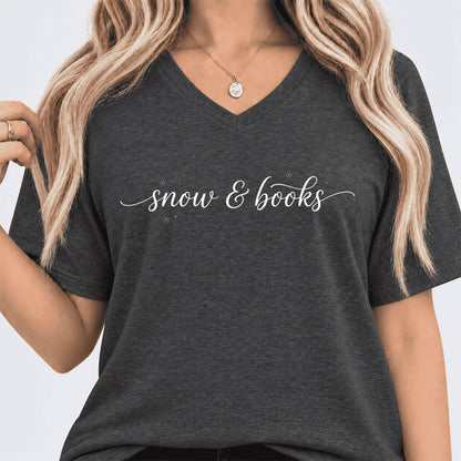 Snow & Books Ultra-Soft V-Neck | Christmas Reader Gift Dark Grey Heather