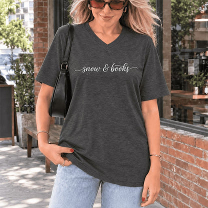 Snow & Books Ultra-Soft V-Neck | Christmas Reader Gift Dark Grey Heather