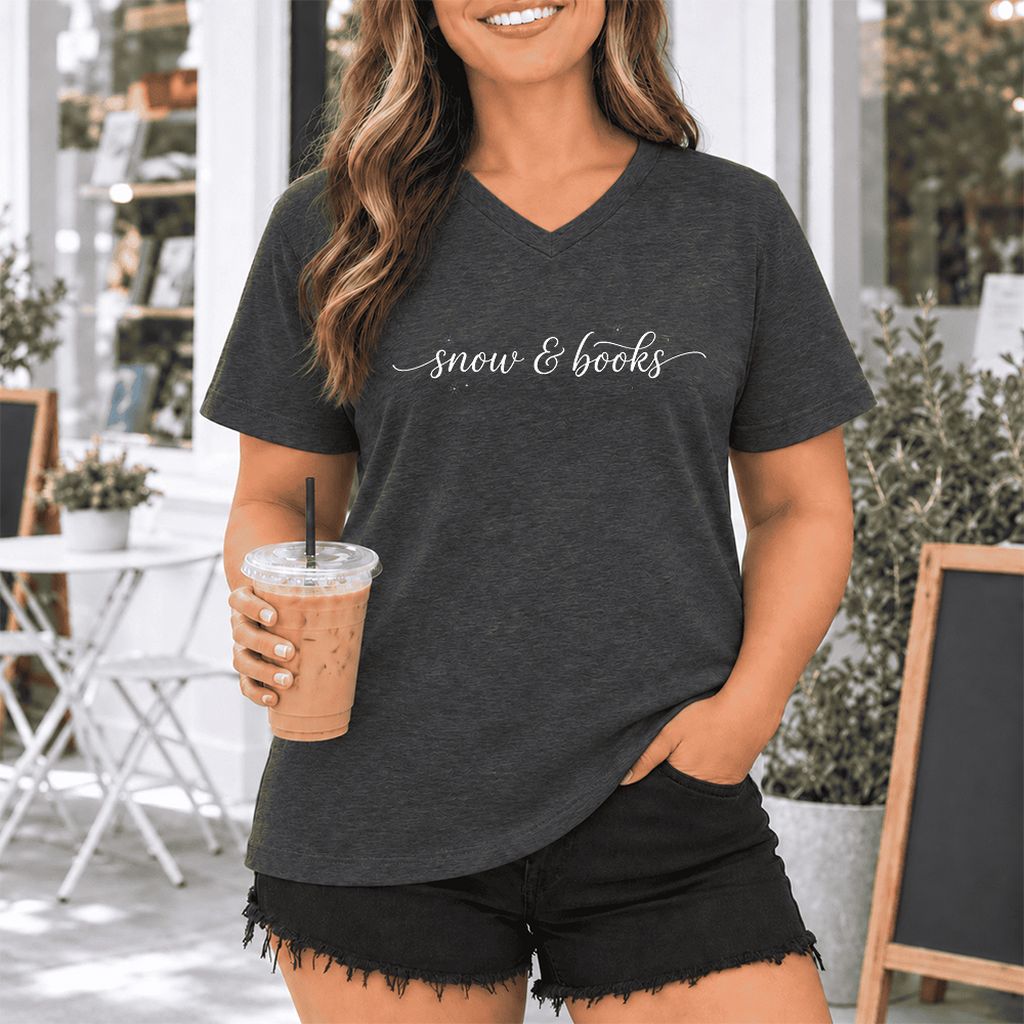 Snow & Books Ultra-Soft V-Neck | Christmas Reader Gift Dark Grey Heather