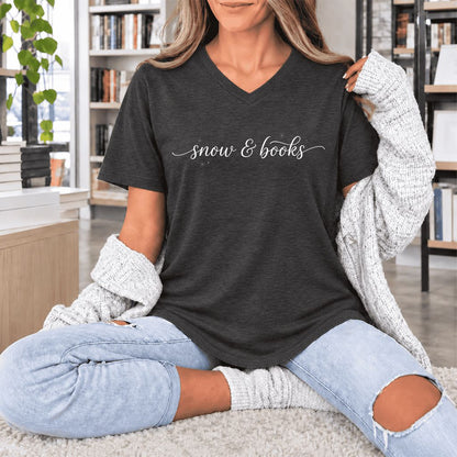Snow & Books Ultra-Soft V-Neck | Christmas Reader Gift Dark Grey Heather