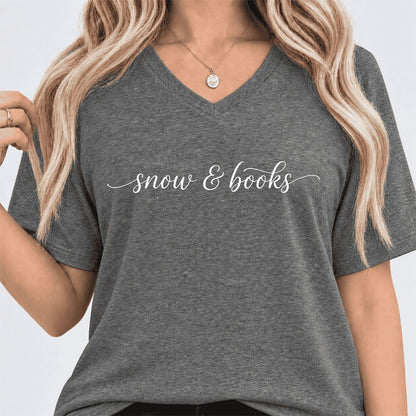 Snow & Books Ultra-Soft V-Neck | Christmas Reader Gift Deep Heather