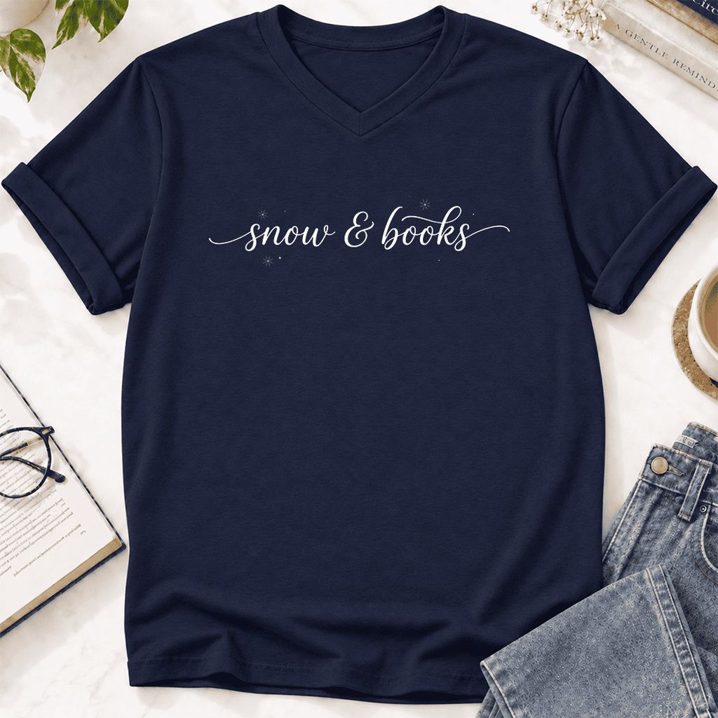 Snow & Books Ultra-Soft V-Neck | Christmas Reader Gift Navy