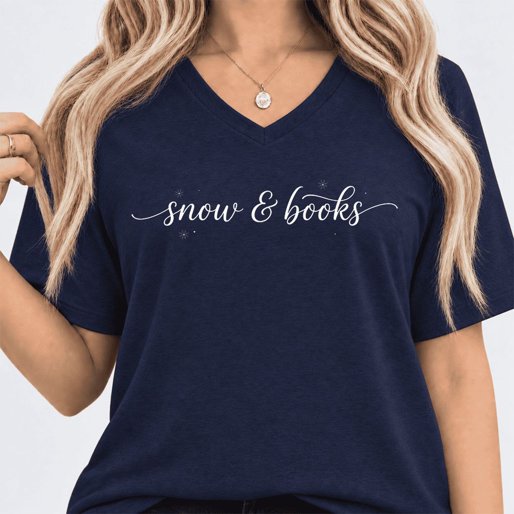 Snow & Books Ultra-Soft V-Neck | Christmas Reader Gift Navy