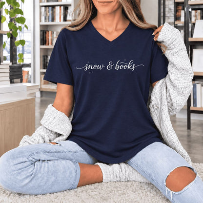 Snow & Books Ultra-Soft V-Neck | Christmas Reader Gift Navy