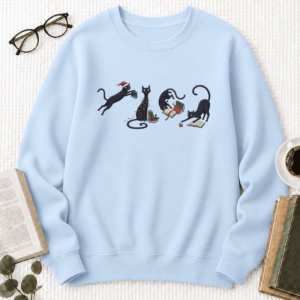 Playful Black Cats Printed Sweatshirt | Christmas Book Lover Gift Light Blue