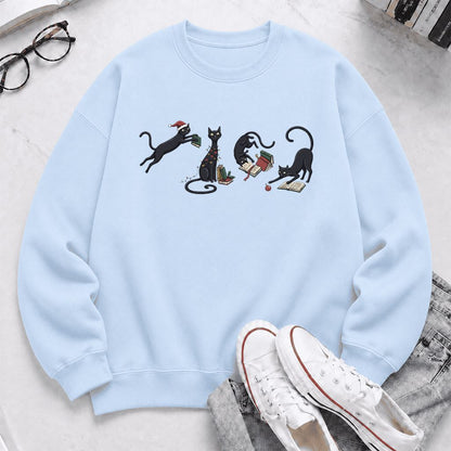 Playful Black Cats Printed Sweatshirt | Christmas Book Lover Gift Light Blue