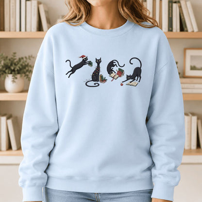 Playful Black Cats Printed Sweatshirt | Christmas Book Lover Gift Light Blue