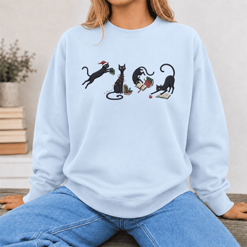 Playful Black Cats Printed Sweatshirt | Christmas Book Lover Gift Light Blue