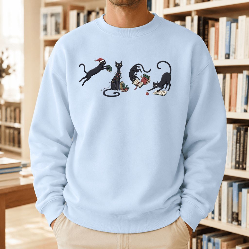 Playful Black Cats Printed Sweatshirt | Christmas Book Lover Gift Light Blue