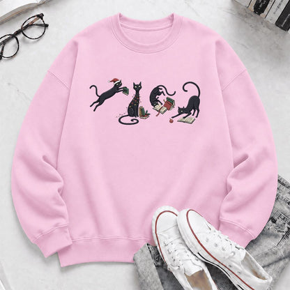Playful Black Cats Printed Sweatshirt | Christmas Book Lover Gift Light Pink