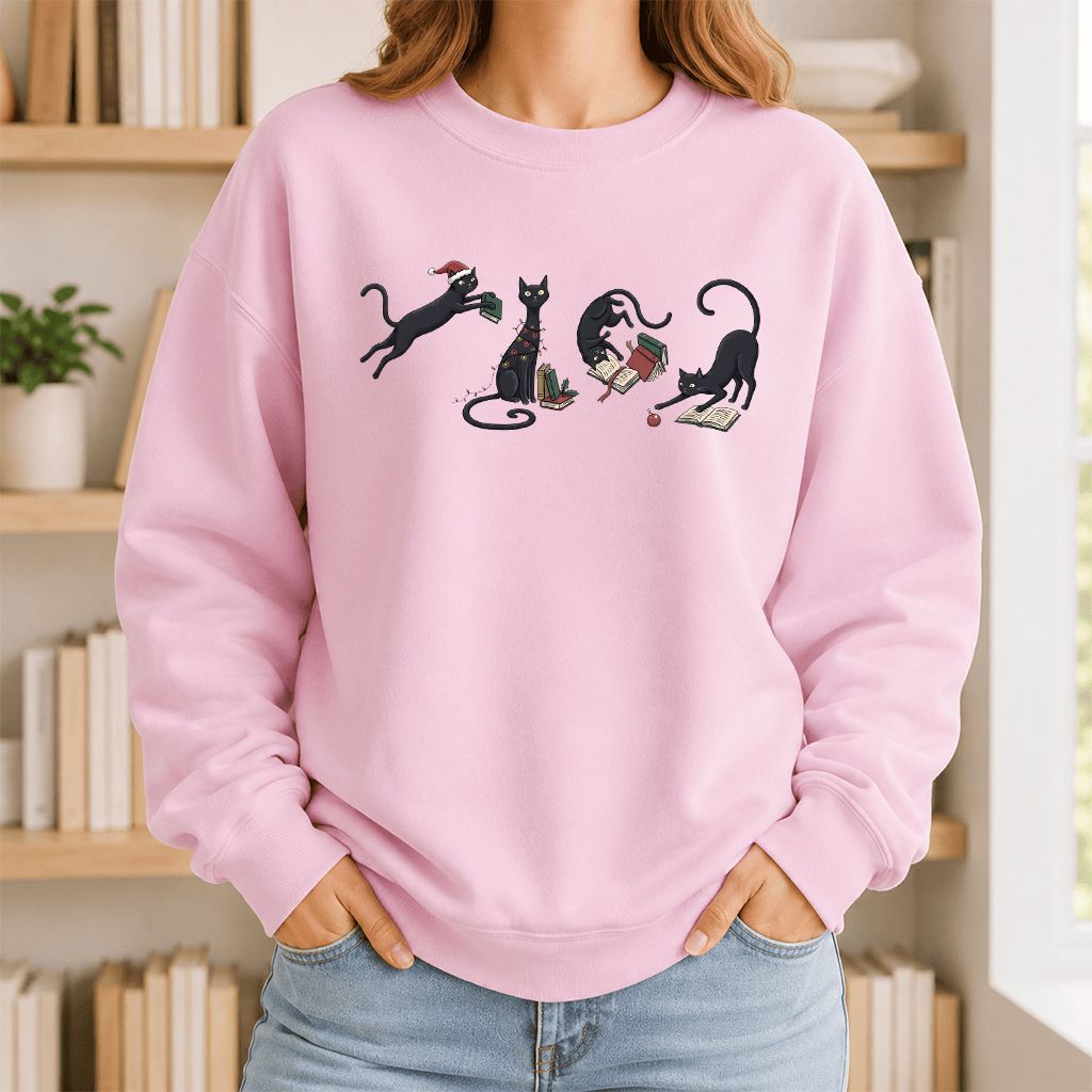 Playful Black Cats Printed Sweatshirt | Christmas Book Lover Gift Light Pink