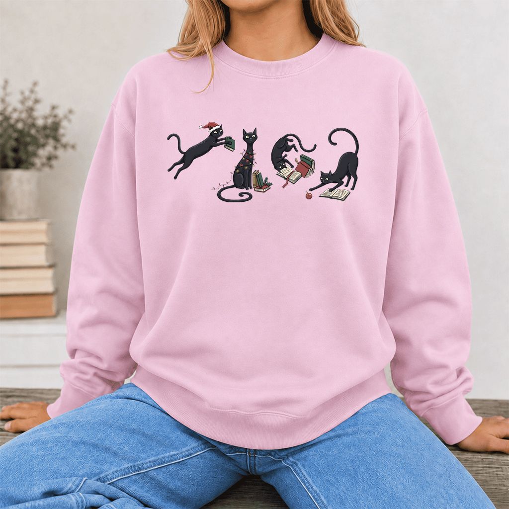 Playful Black Cats Printed Sweatshirt | Christmas Book Lover Gift Light Pink
