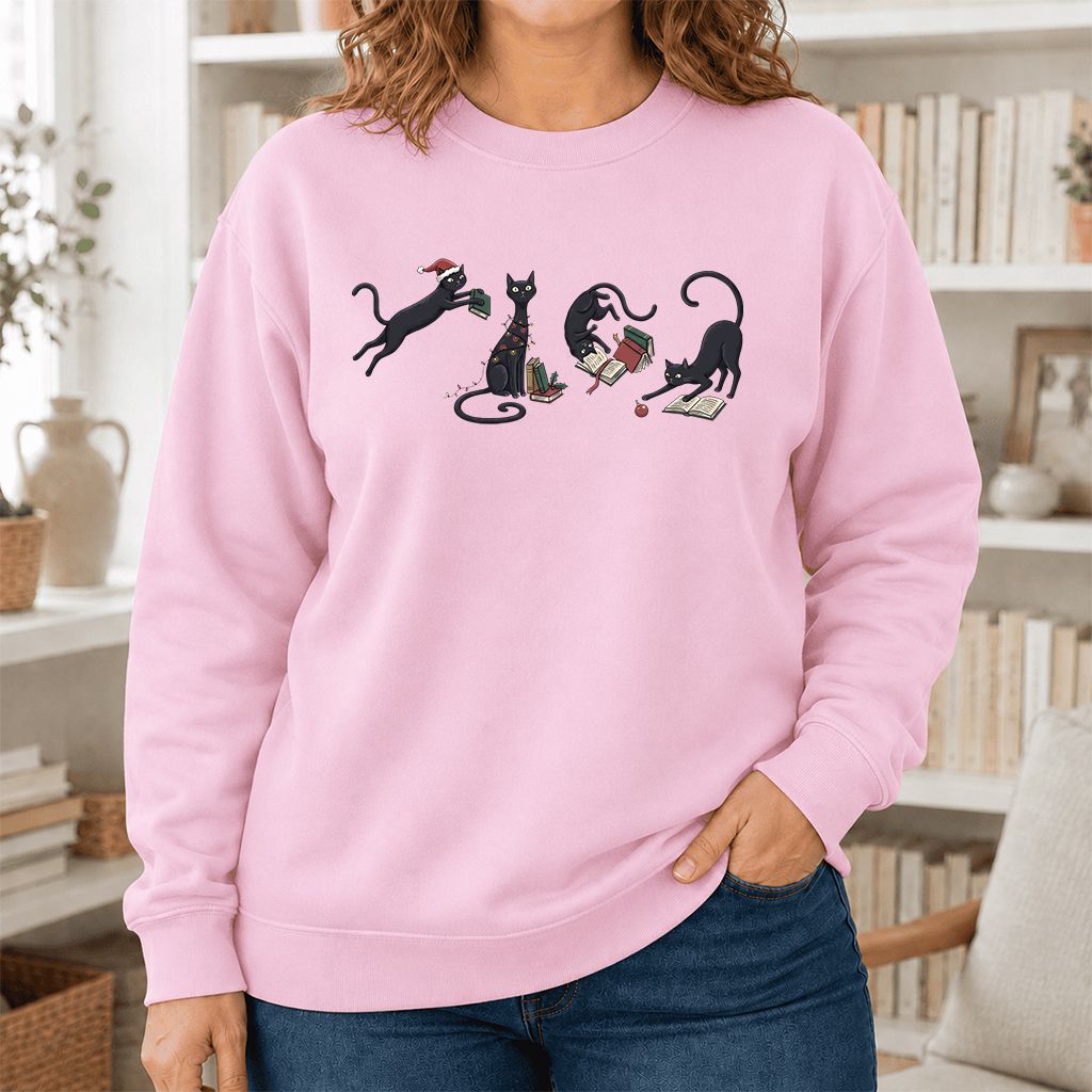Playful Black Cats Printed Sweatshirt | Christmas Book Lover Gift Light Pink