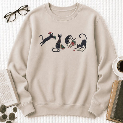 Playful Black Cats Printed Sweatshirt | Christmas Book Lover Gift Sand
