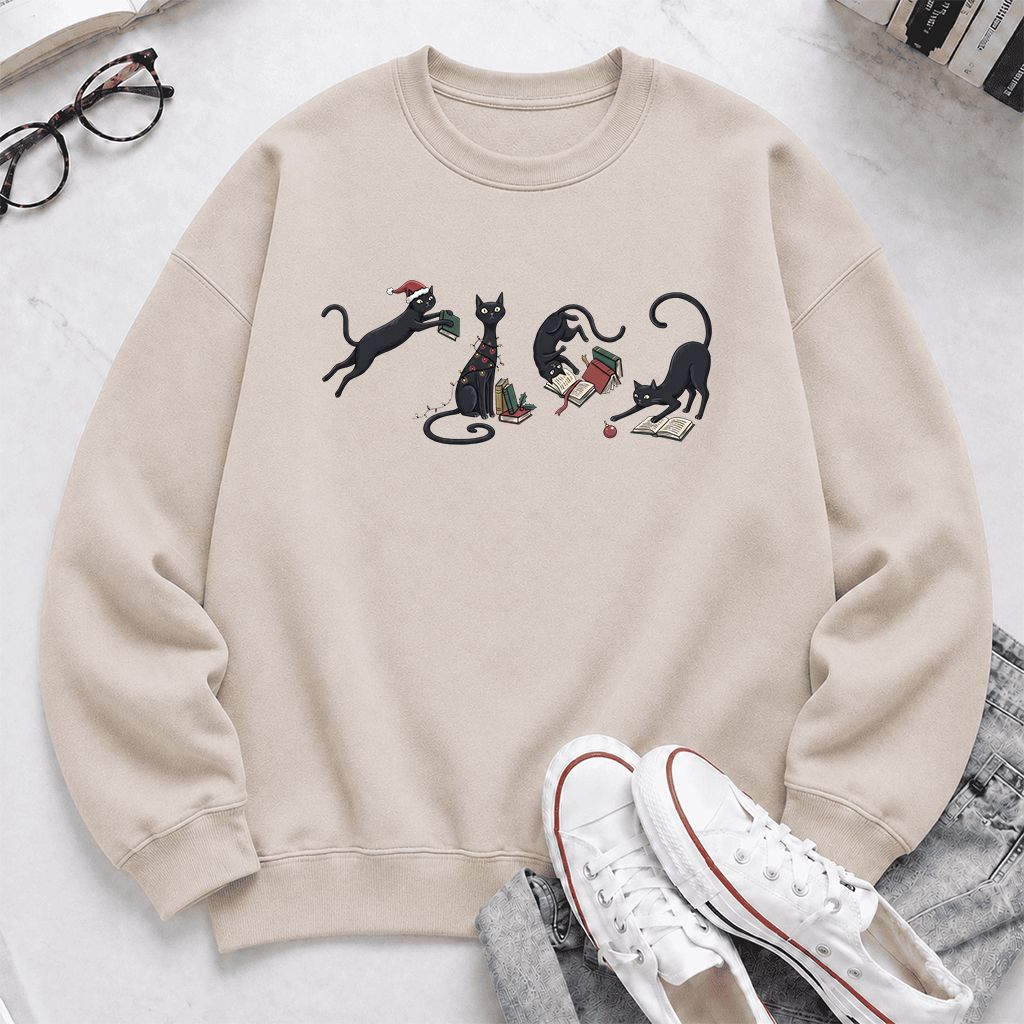 Playful Black Cats Printed Sweatshirt | Christmas Book Lover Gift Sand