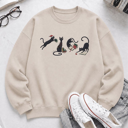 Playful Black Cats Printed Sweatshirt | Christmas Book Lover Gift Sand