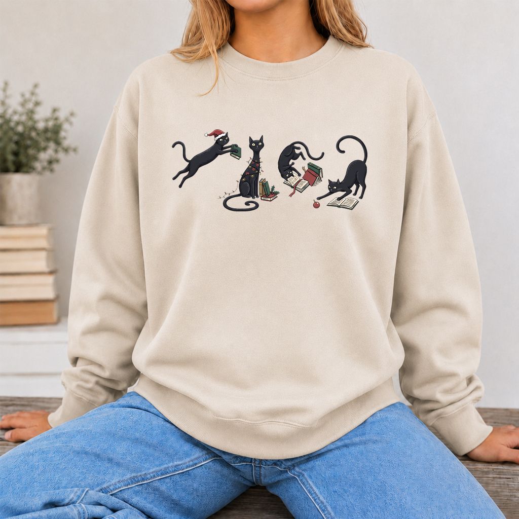 Playful Black Cats Printed Sweatshirt | Christmas Book Lover Gift Sand