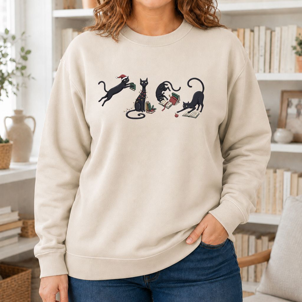 Playful Black Cats Printed Sweatshirt | Christmas Book Lover Gift Sand