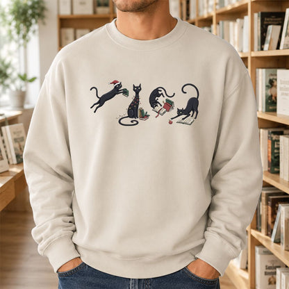 Playful Black Cats Printed Sweatshirt | Christmas Book Lover Gift Sand