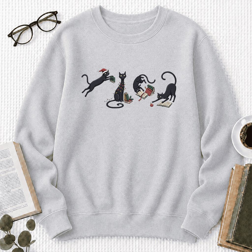 Playful Black Cats Printed Sweatshirt | Christmas Book Lover Gift Sport Grey