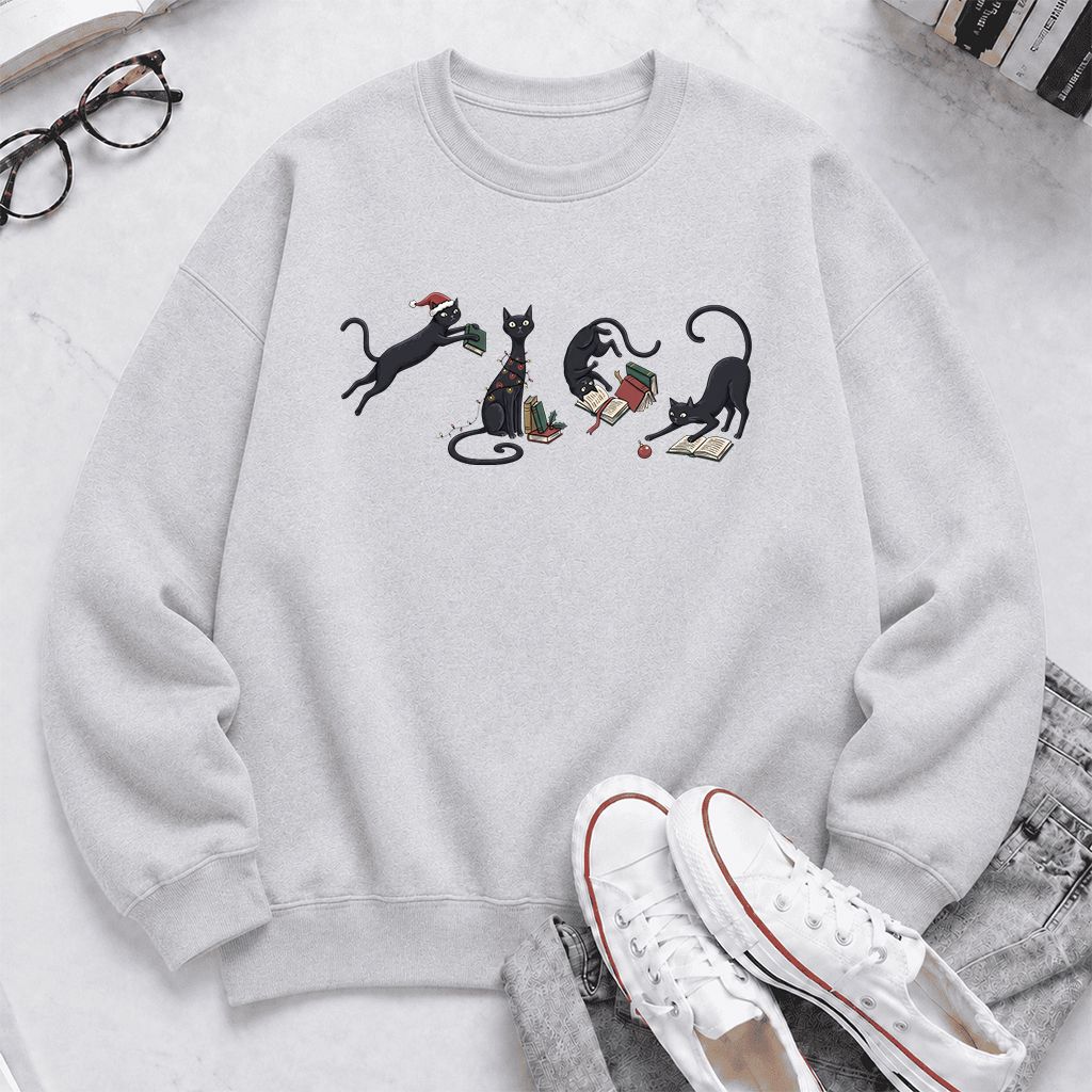 Playful Black Cats Printed Sweatshirt | Christmas Book Lover Gift Sport Grey
