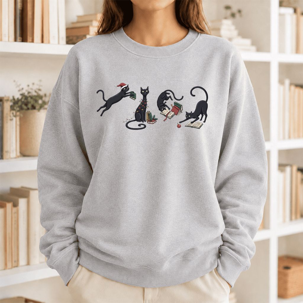 Playful Black Cats Printed Sweatshirt | Christmas Book Lover Gift Sport Grey