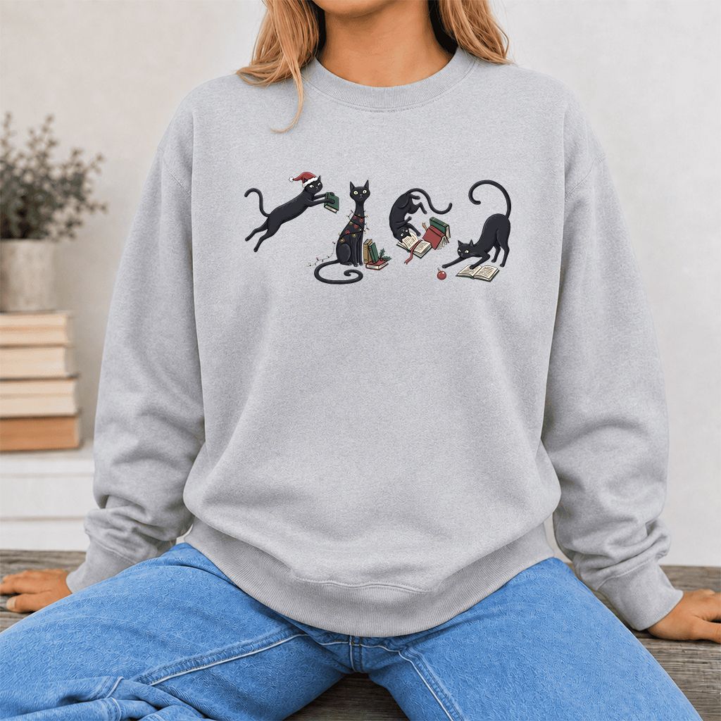 Playful Black Cats Printed Sweatshirt | Christmas Book Lover Gift Sport Grey