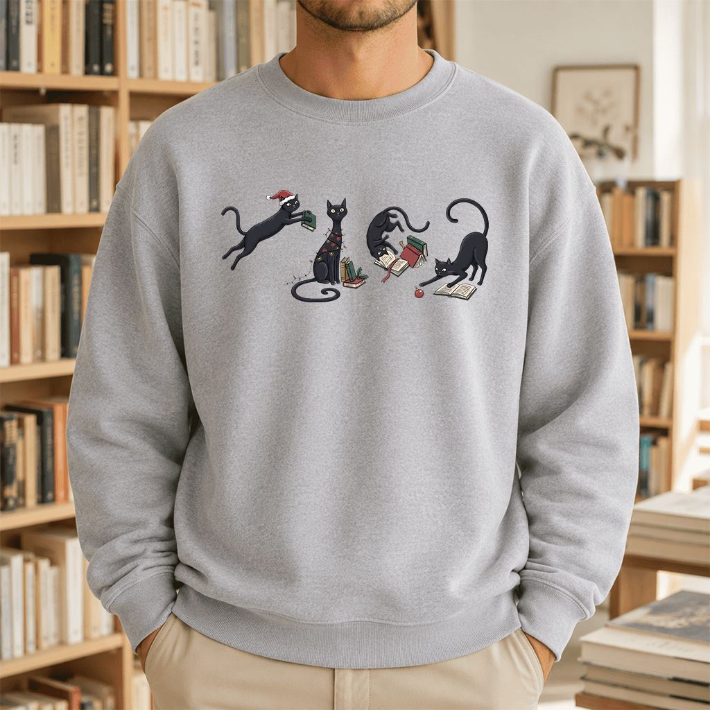 Playful Black Cats Printed Sweatshirt | Christmas Book Lover Gift Sport Grey