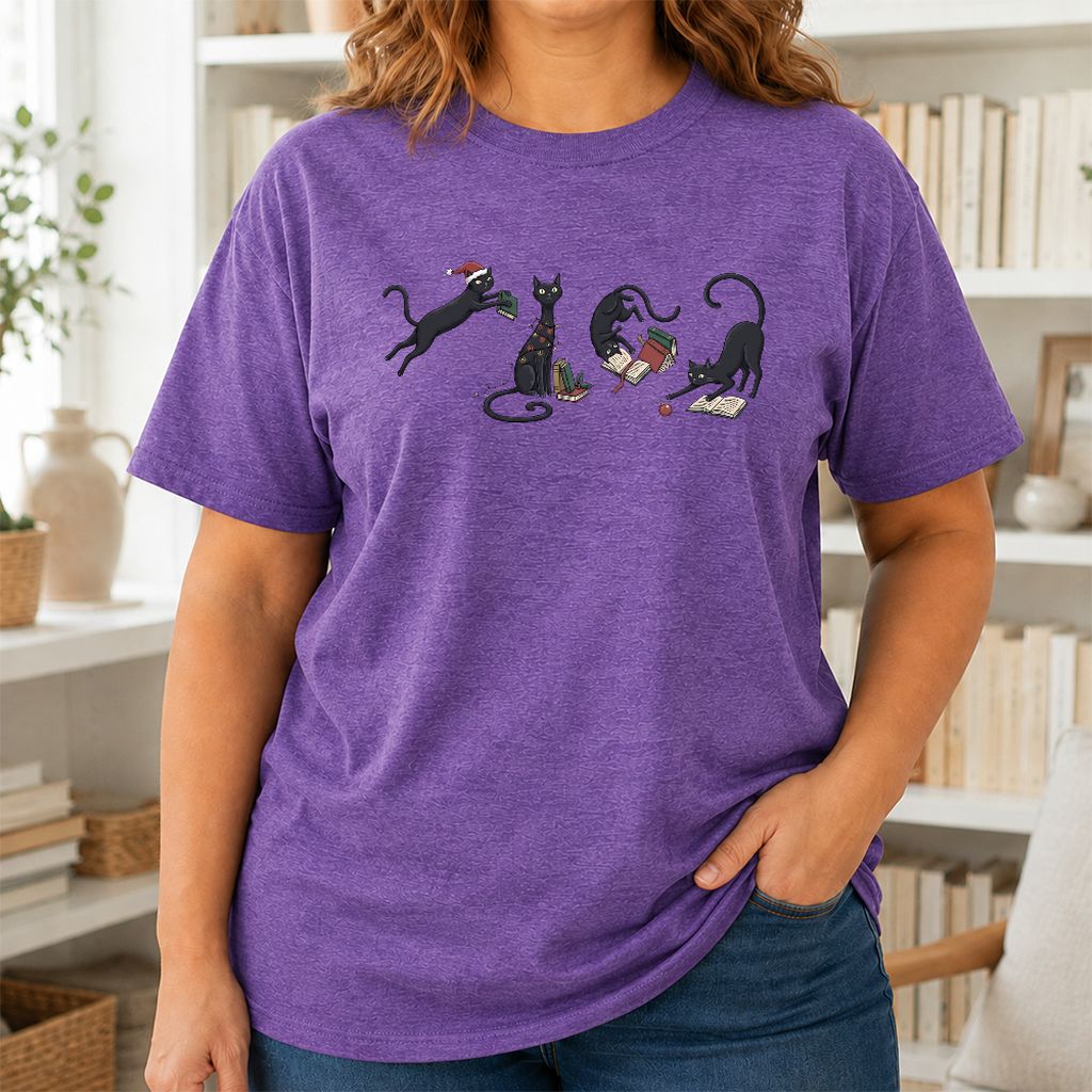 Playful Black Cats Printed T-Shirt | Christmas Book Lover Gift Heather Purple