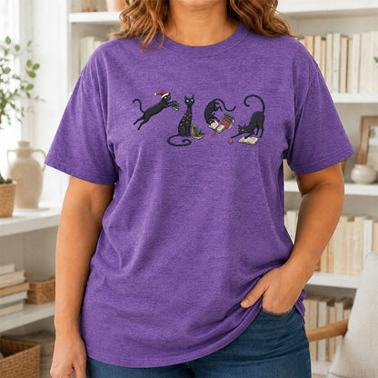 Playful Black Cats Printed T-Shirt | Christmas Book Lover Gift Heather Purple