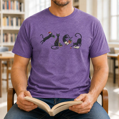 Playful Black Cats Printed T-Shirt | Christmas Book Lover Gift Heather Purple