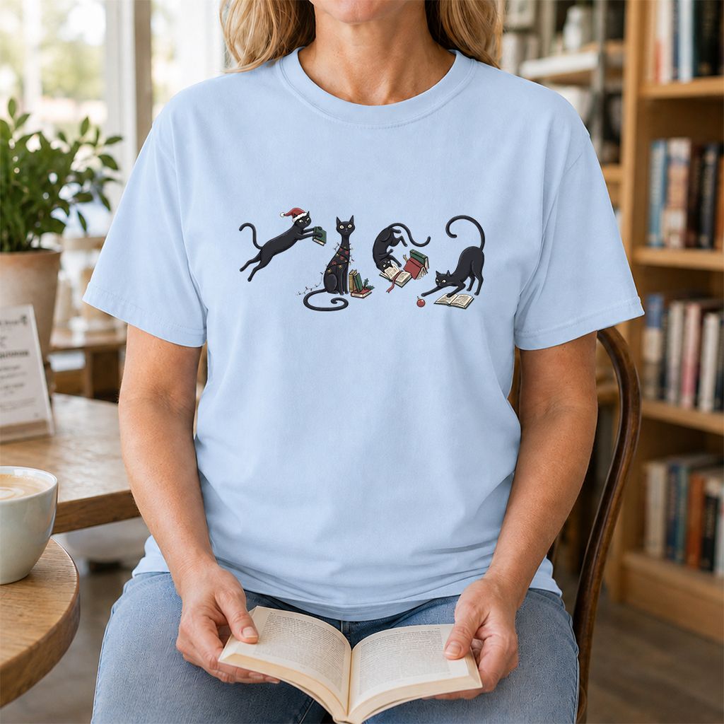 Playful Black Cats Printed T-Shirt | Christmas Book Lover Gift Light Blue
