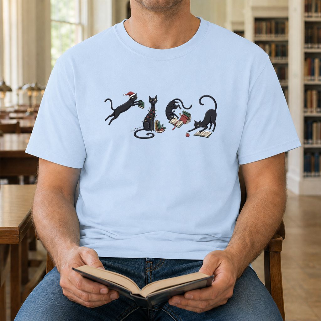 Playful Black Cats Printed T-Shirt | Christmas Book Lover Gift Light Blue
