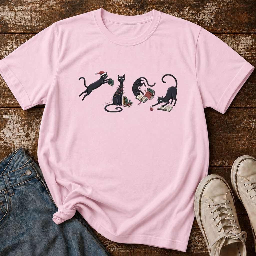 Playful Black Cats Printed T-Shirt | Christmas Book Lover Gift Light Pink