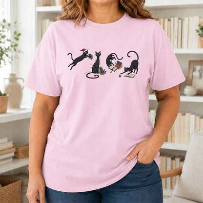 Playful Black Cats Printed T-Shirt | Christmas Book Lover Gift Light Pink