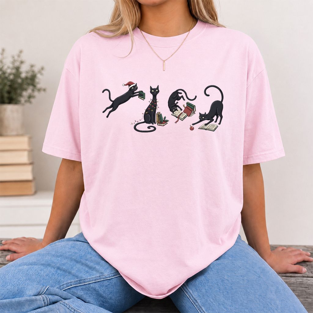 Playful Black Cats Printed T-Shirt | Christmas Book Lover Gift Light Pink