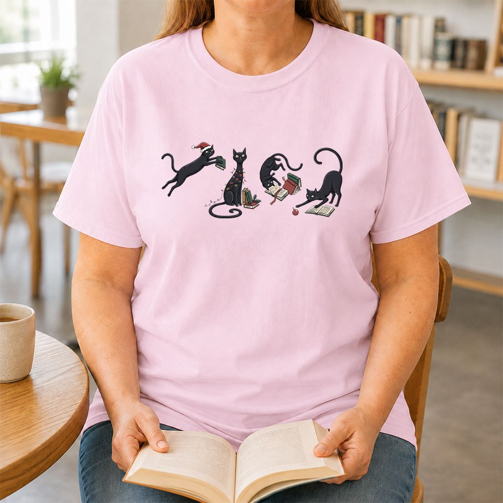 Playful Black Cats Printed T-Shirt | Christmas Book Lover Gift Light Pink