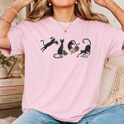 Playful Black Cats Printed T-Shirt | Christmas Book Lover Gift Light Pink