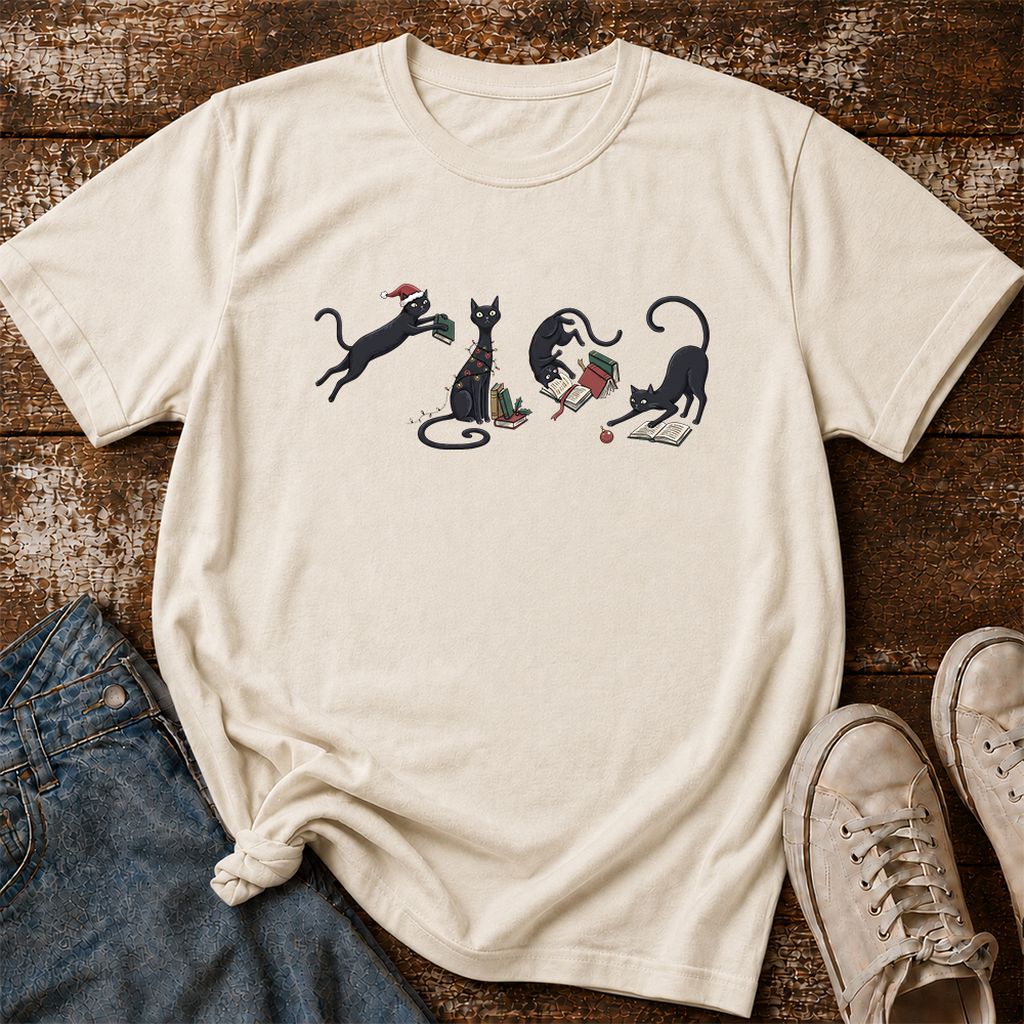 Playful Black Cats Printed T-Shirt | Christmas Book Lover Gift Natural