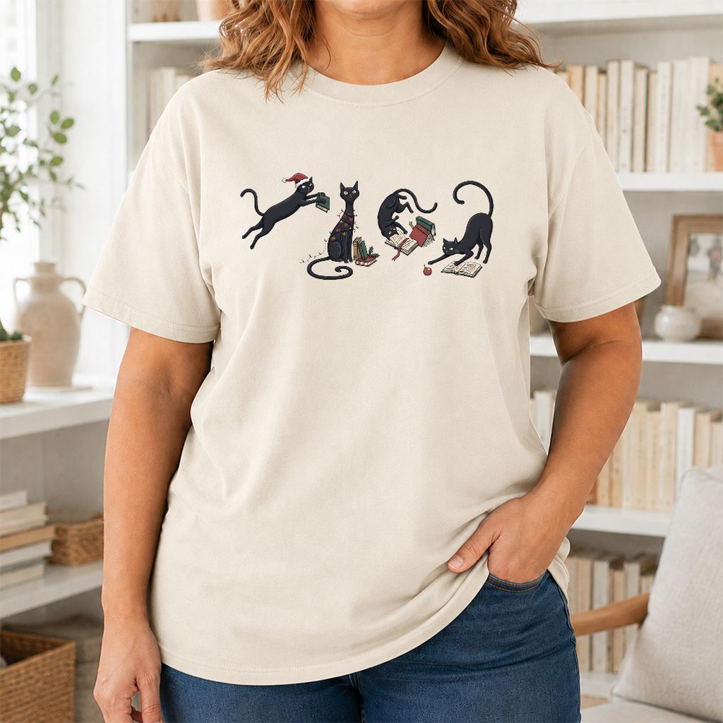 Playful Black Cats Printed T-Shirt | Christmas Book Lover Gift Natural